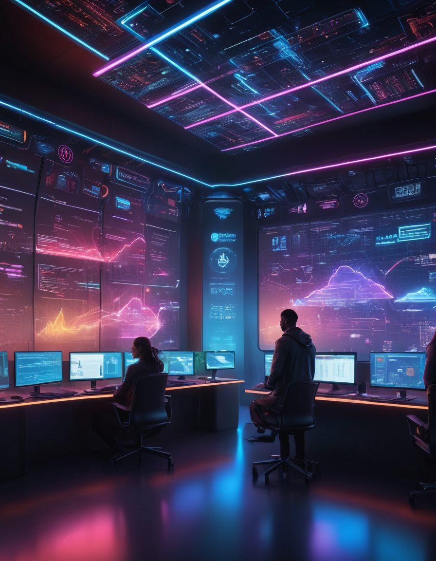 A futuristic digital landscape showcasing a secure network, with glowing cyber shields and data streams preventing threats. Illustrate a diverse team of professionals engaged in discussions while monitoring screens filled with graphs and security alerts. Include symbols of advanced hosting infrastructure like cloud servers and connectivity lines. The scene should convey a sense of vigilance and innovation. vibrant colors. cyberpunk.